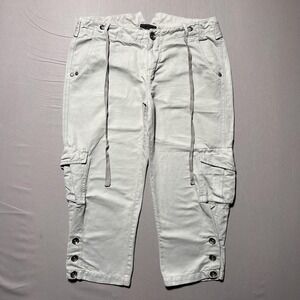 IKKS Cargo Pants Womens 40 Light Gray‎ Cropped Capri Drawstring Button Hem Twill